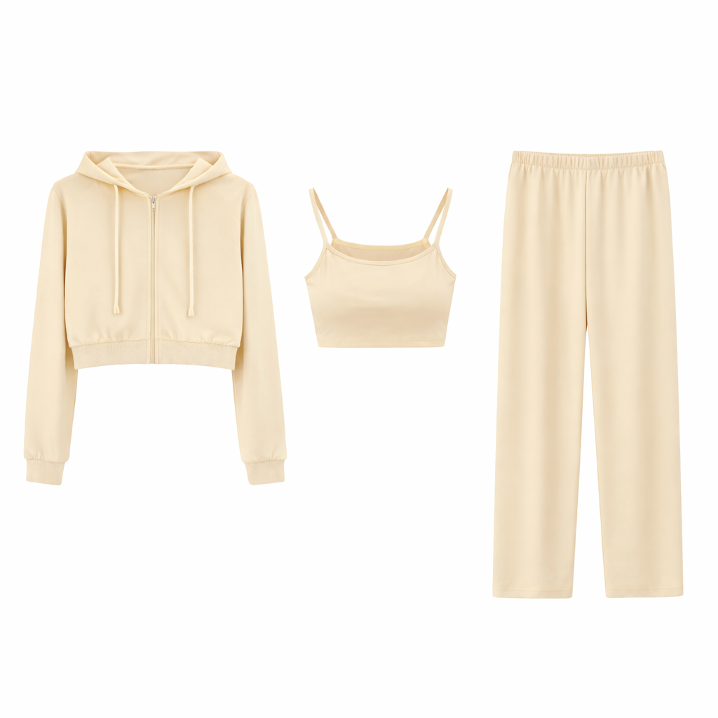 Conjunto de loungewear de três peças Vê-o Well (sweatshirt com capuz, top cropped e calças pantalona)