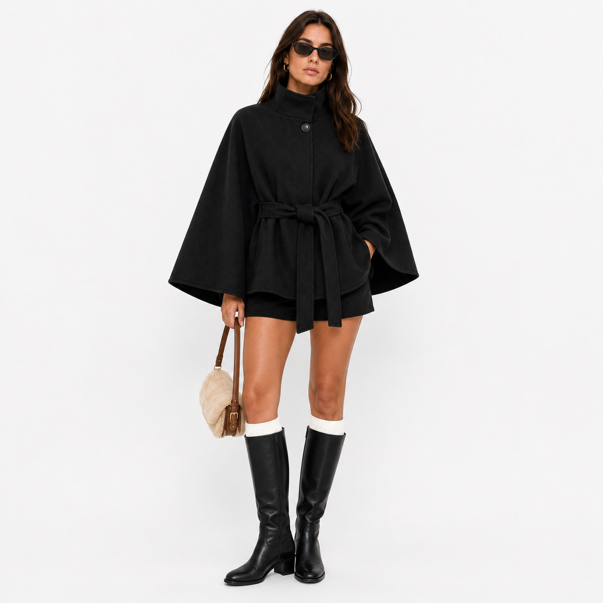 VÊ-O CLASSICS | Capa curta em camurça mulher, com gola subida e cinto na cintura, elegante para outono