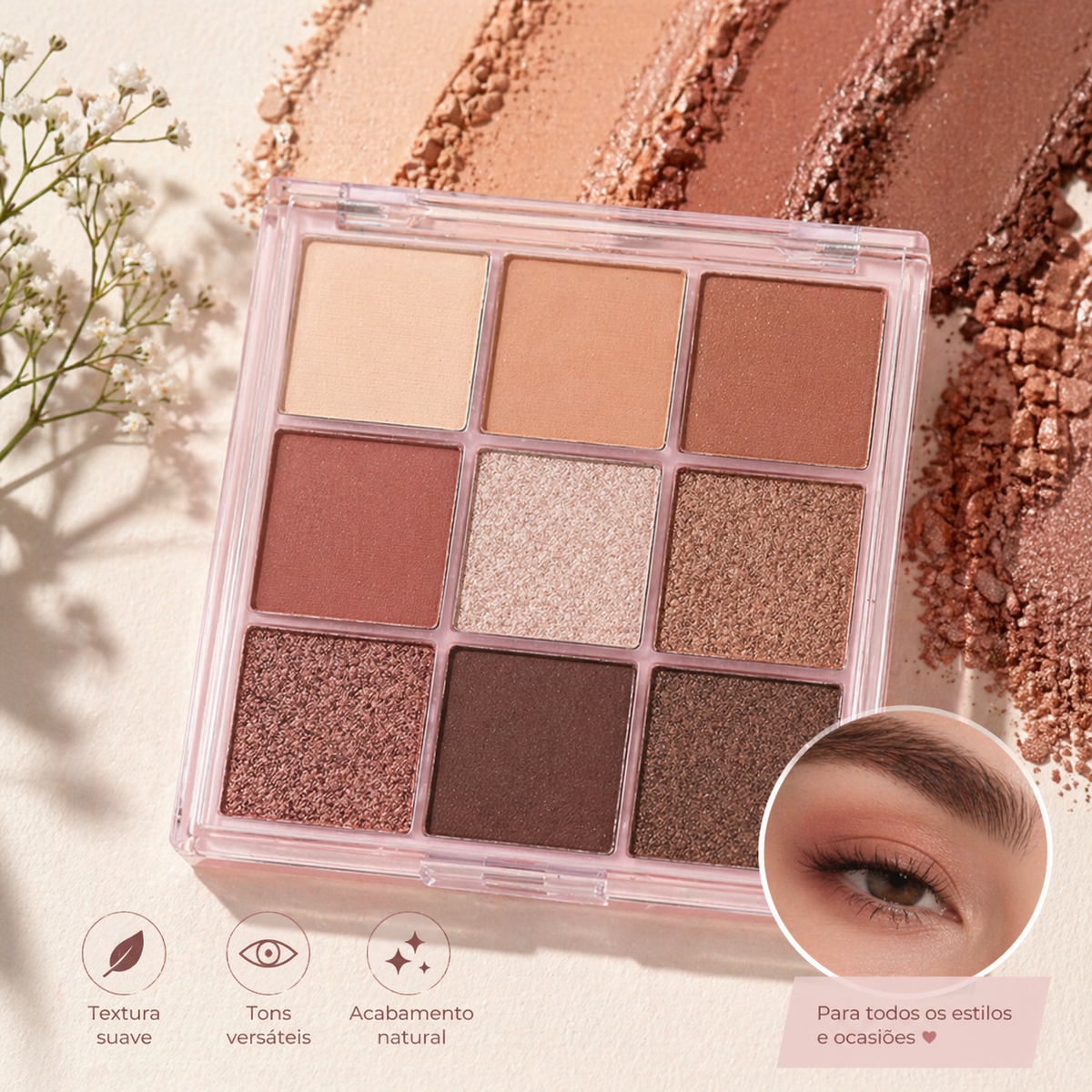 Paleta de 9 Sombras Multicor em Tons Castanhos – Acabamento Mate para Maquilhagem de Olhos Natural