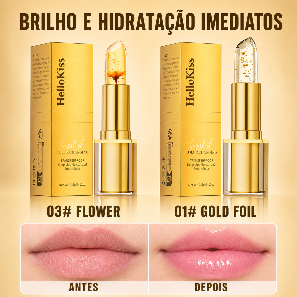 Bálsamo Labial com Folha Dourada | Cor Adaptável, Hidratante e Luminoso