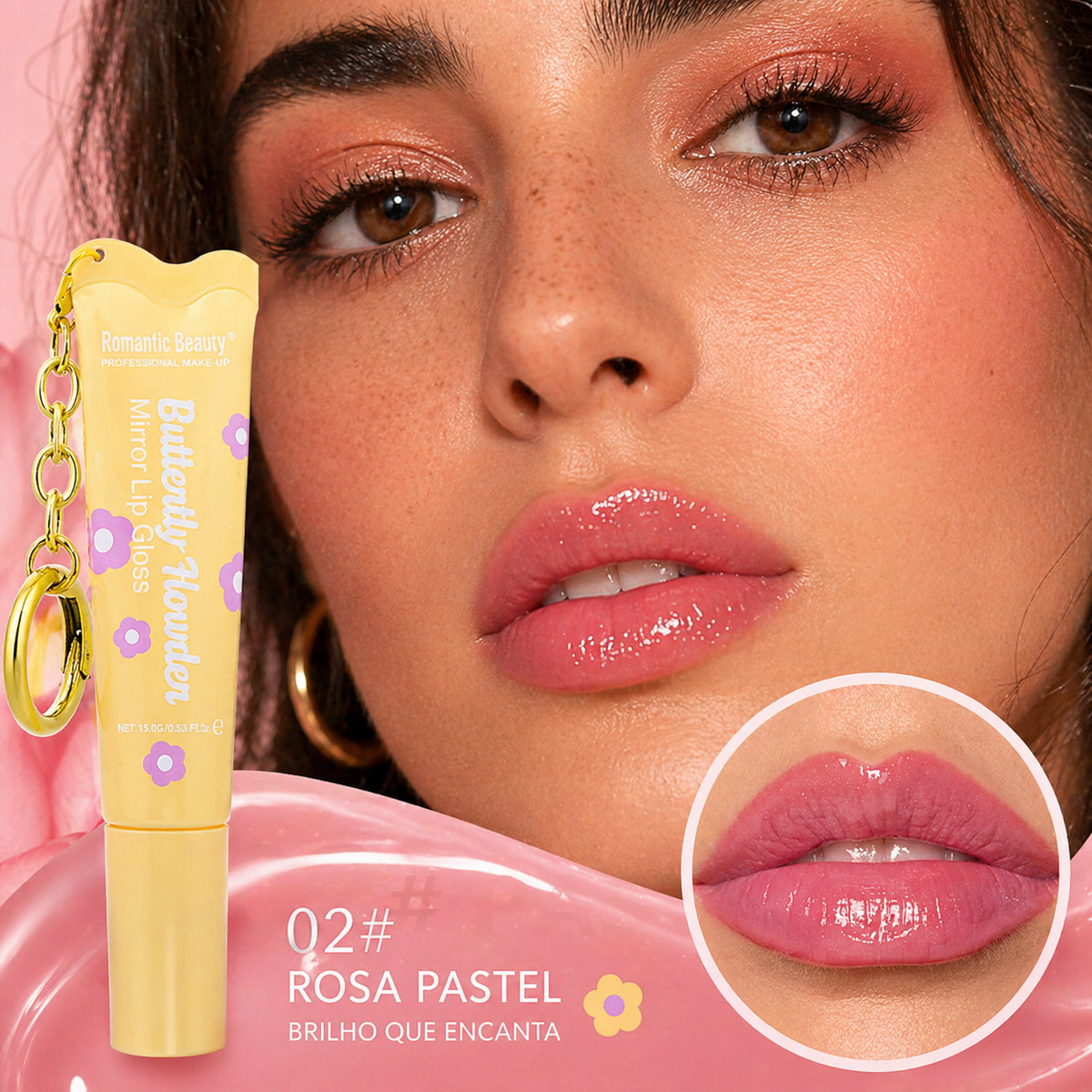 Óleo Labial com Cor e Brilho Espelhado – Hidratante, Suave e com Porta-Chaves
