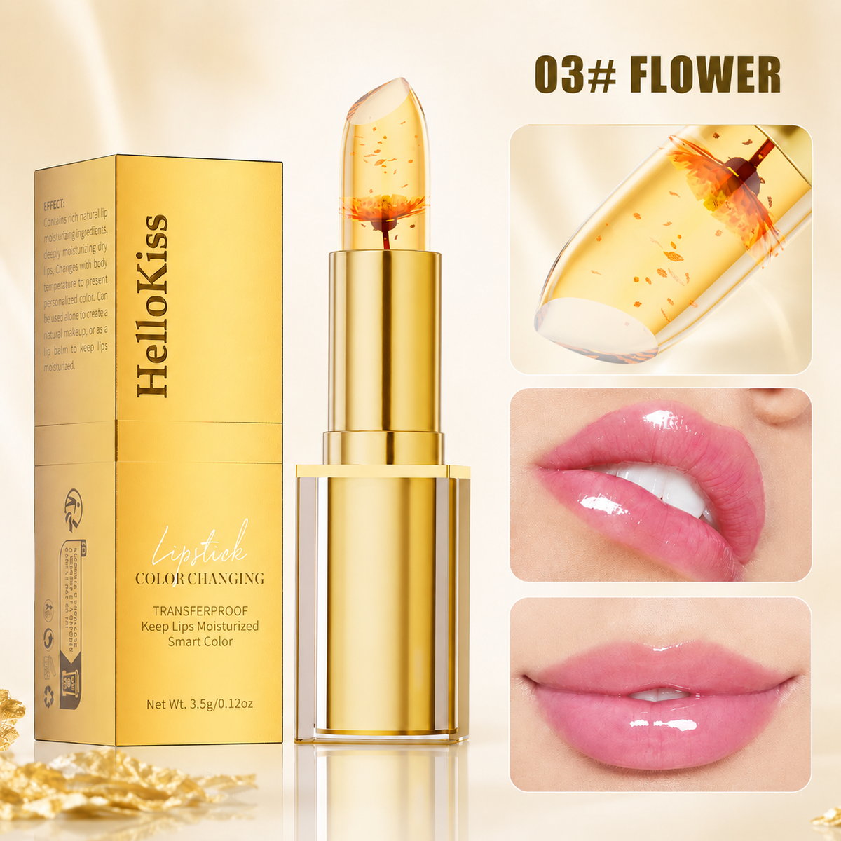 Bálsamo Labial com Folha Dourada | Cor Adaptável, Hidratante e Luminoso