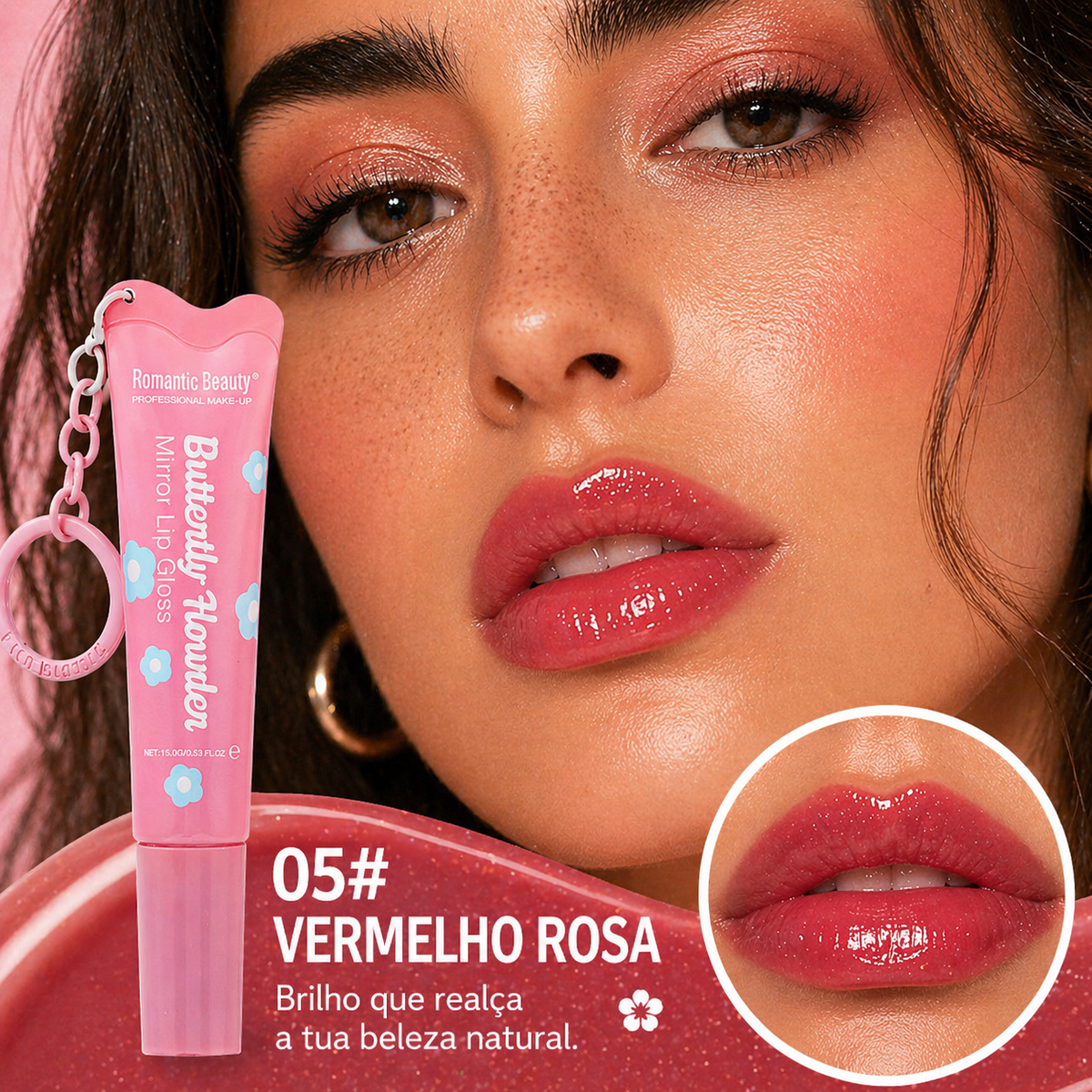 Óleo Labial com Cor e Brilho Espelhado – Hidratante, Suave e com Porta-Chaves