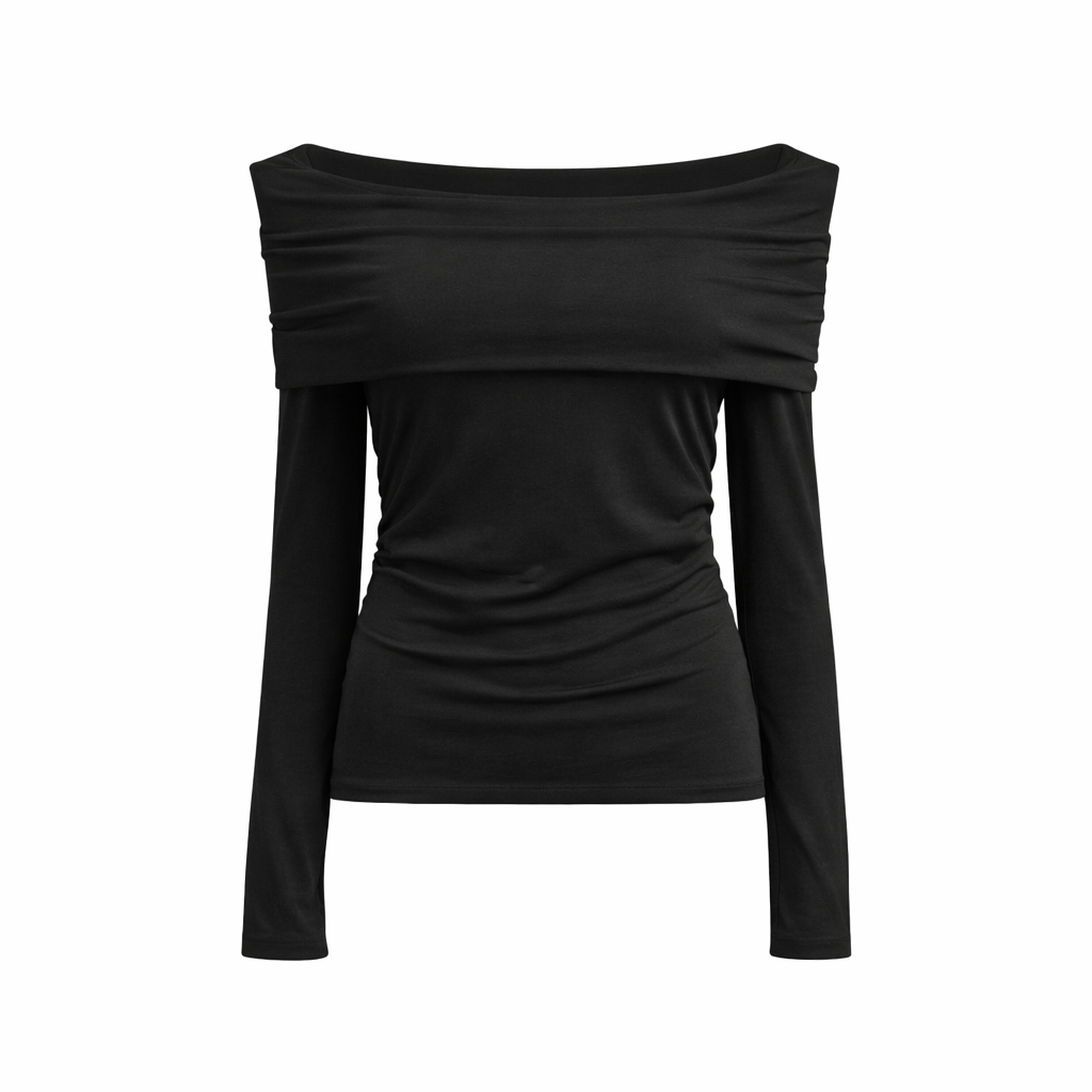 Blusa plissada de manga comprida com decote ombro a ombro.