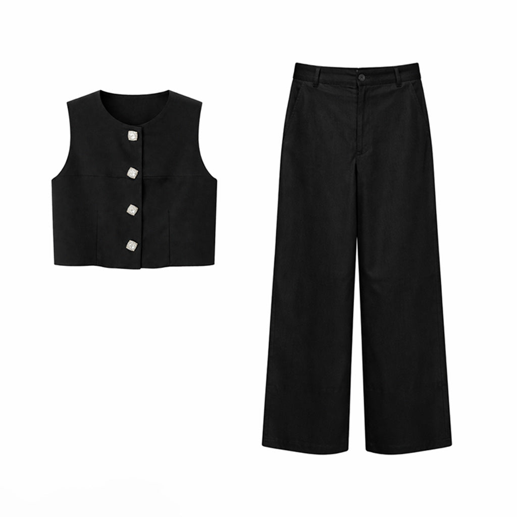 Conjunto Vê-o Studio: Colete de malha sem mangas e calças pantalona de cintura subida