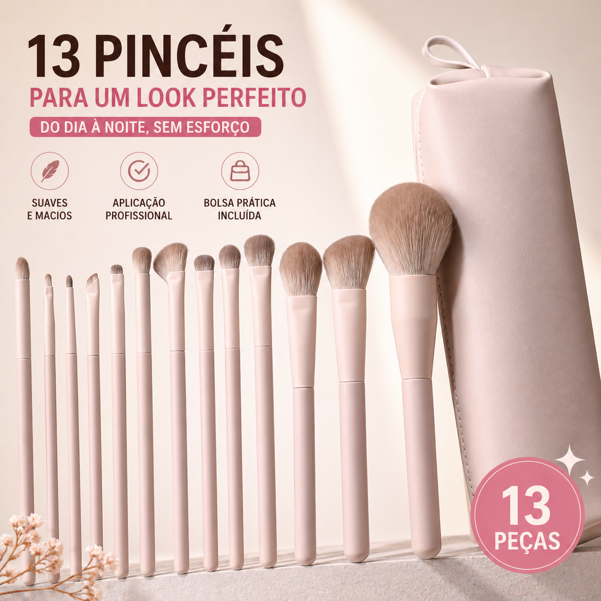 Conjunto de 13 Pincéis de Maquilhagem Rosa Pêssego – Cerdas Suaves para Base, Blush, Contorno, Corretor e Sombras