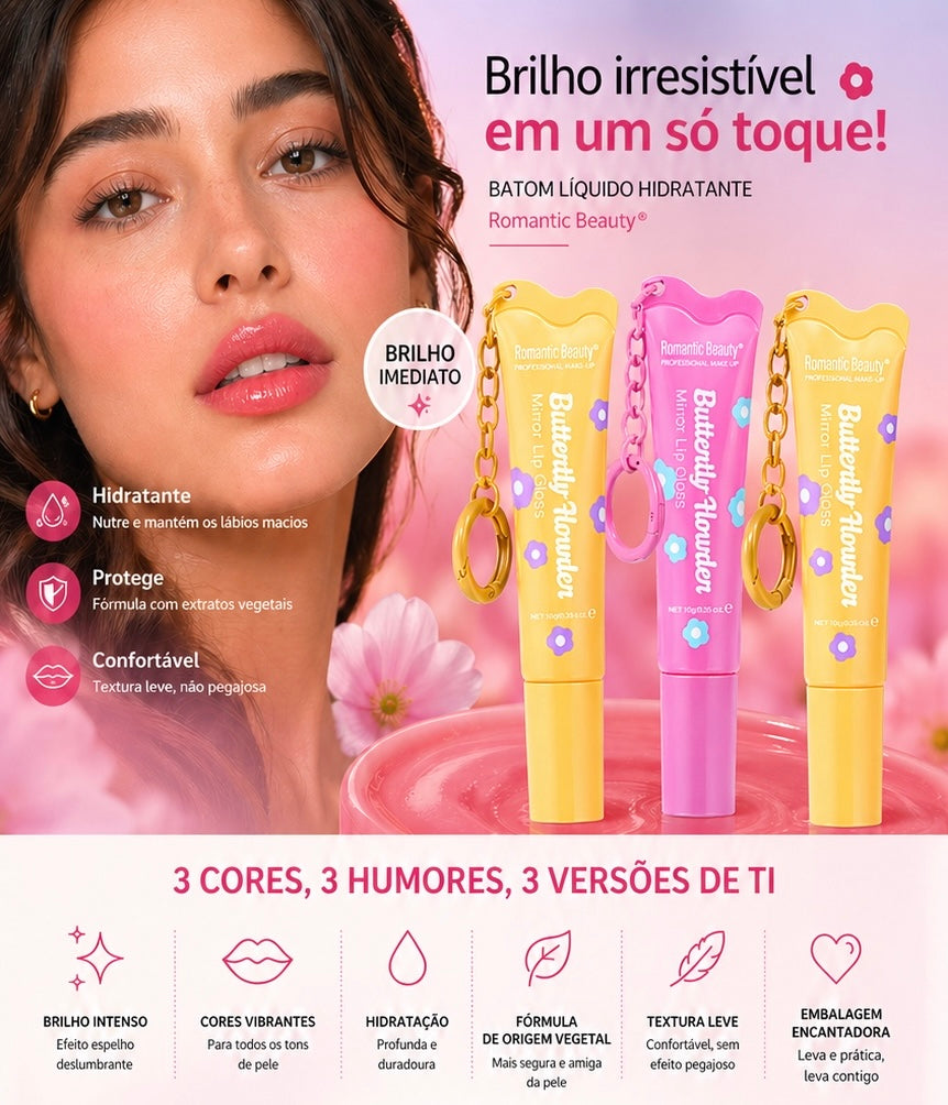 Óleo Labial com Cor e Brilho Espelhado – Hidratante, Suave e com Porta-Chaves