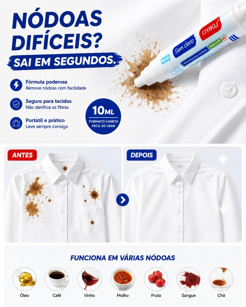 Caneta Tira-Nódoas Portátil sem Enxaguar – Removedor de Manchas para Roupa