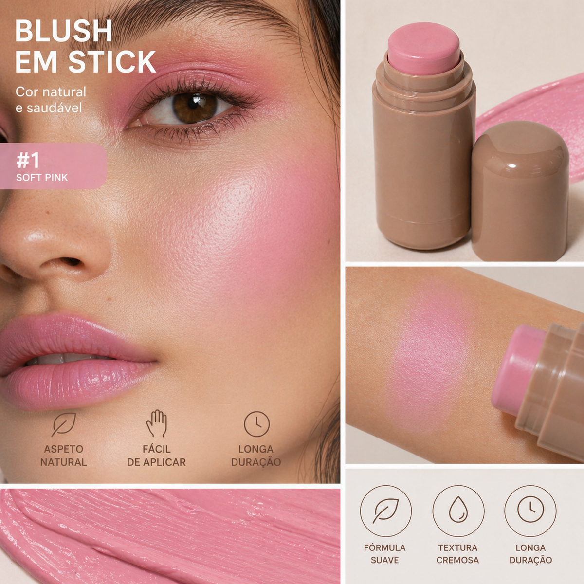 Blush em Stick Cremoso para Lábios e Rosto – Cor Natural, Textura Suave e Fácil de Espalhar