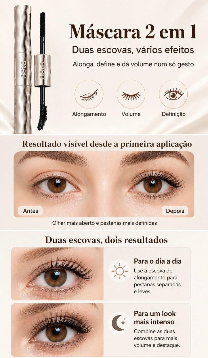 Máscara de Pestanas Dupla à Prova de Água | Alongamento, Volume e Longa Duração
