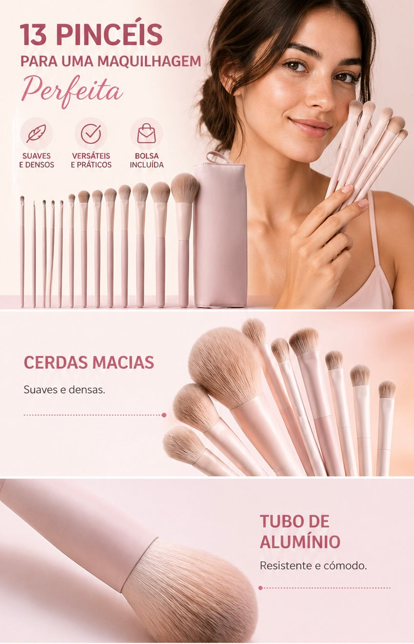 Conjunto de 13 Pincéis de Maquilhagem Rosa Pêssego – Cerdas Suaves para Base, Blush, Contorno, Corretor e Sombras