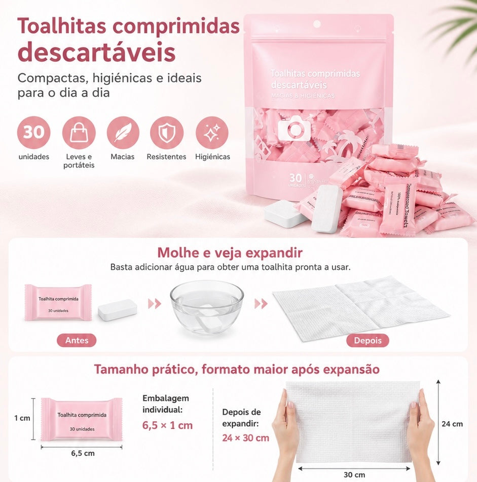 Toalhas Comprimidas Descartáveis – 30 Unidades em Embalagem Individual