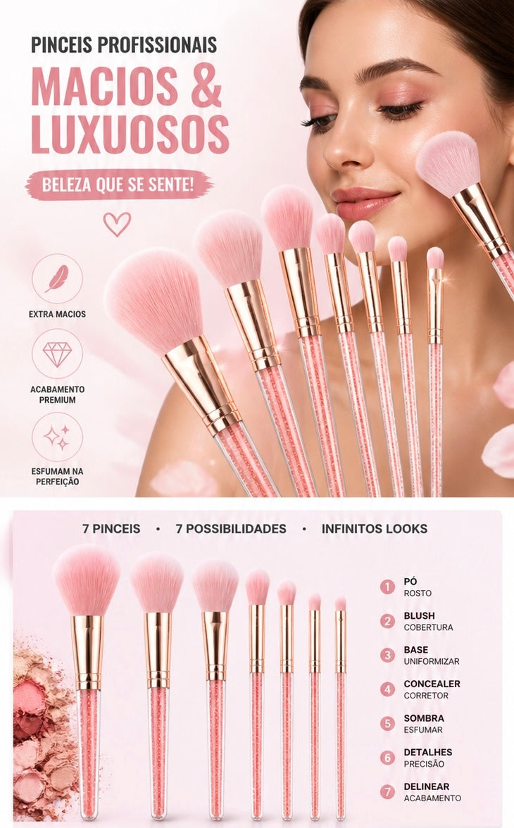 Conjunto de Pincéis de Maquilhagem Rosa com Cristais – para Blush, Sombras e Base + Bolsa de Arrumação