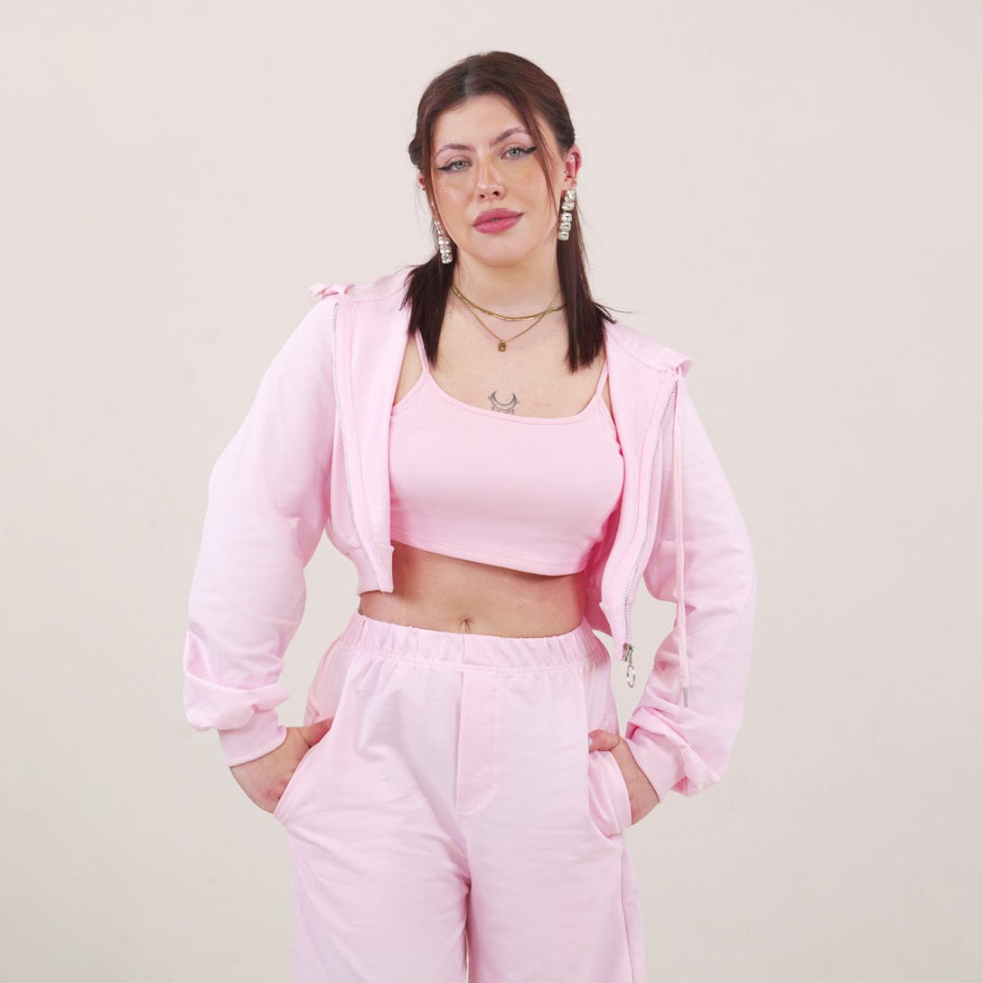 Conjunto de loungewear de três peças Vê-o Well (sweatshirt com capuz, top cropped e calças pantalona)