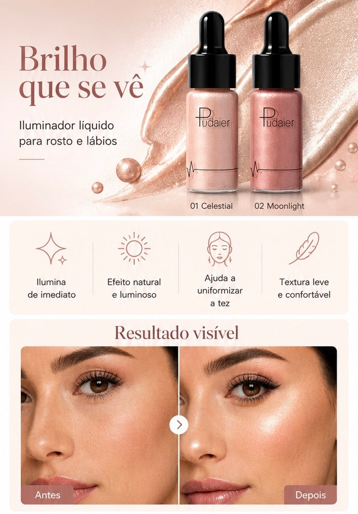Iluminador Líquido para Rosto e Lábios | Efeito Luminoso e Natural