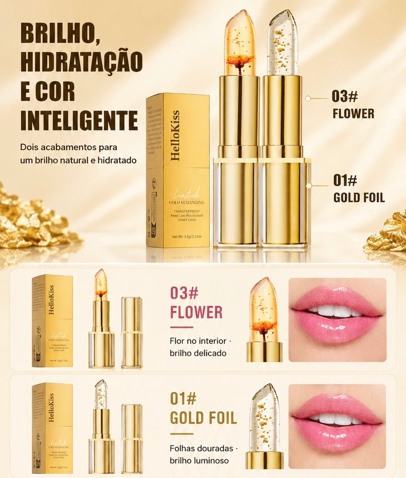 Bálsamo Labial com Folha Dourada | Cor Adaptável, Hidratante e Luminoso