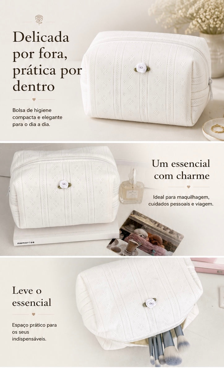 Bolsa de Maquilhagem com Rosa | Grande Capacidade e Fácil de Levar