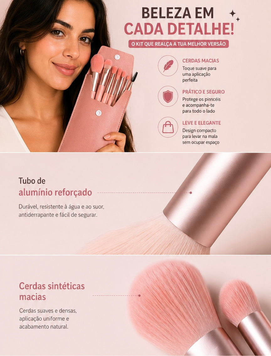 Conjunto de 8 Pincéis de Maquilhagem Portátil – para Sombras, Pó Solto e Retoques