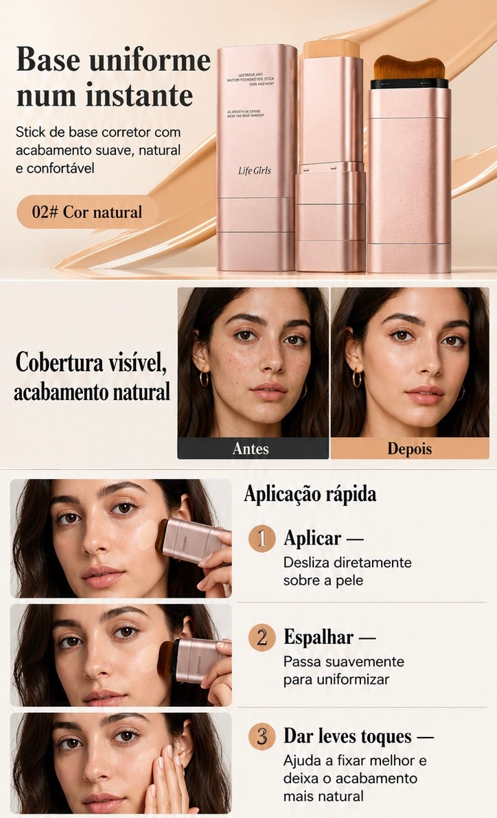 Stick de Base Dupla Ponta | Cobertura Natural, Efeito Luminoso e Longa Duração