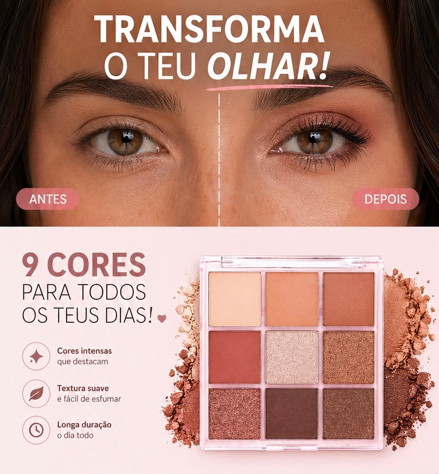 Paleta de 9 Sombras Multicor em Tons Castanhos – Acabamento Mate para Maquilhagem de Olhos Natural