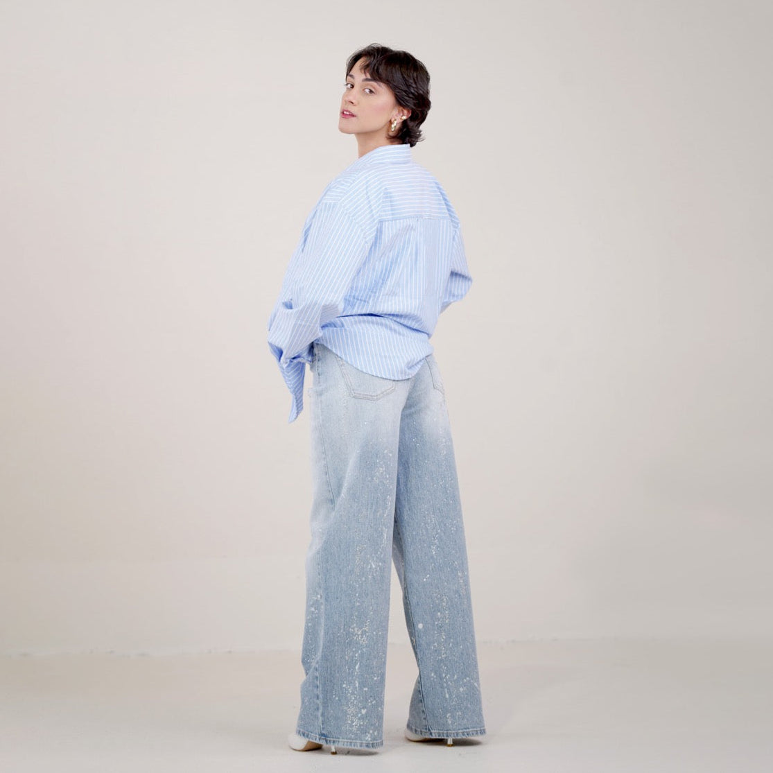 See It Studio｜Calça de ganga de perna larga com detalhes de salpicos de tinta