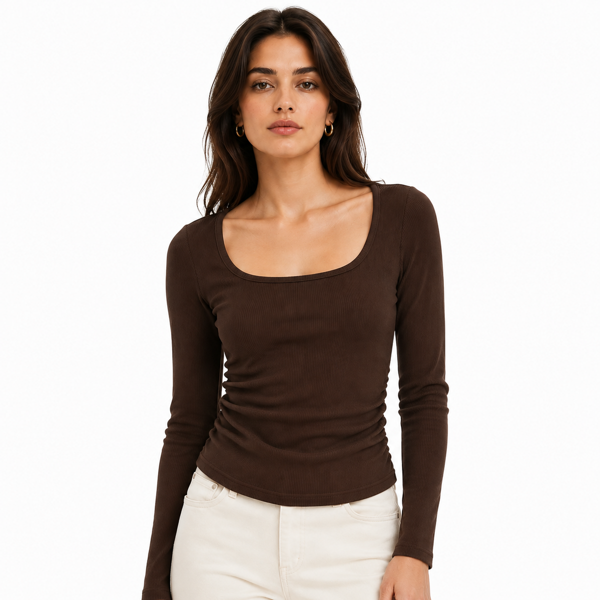 VEO Blusa Feminina Canelada Manga Comprida Decote Quadrado Franzido Ajustado Elástico Casual Confortável Elegante Básico Moda Mulher