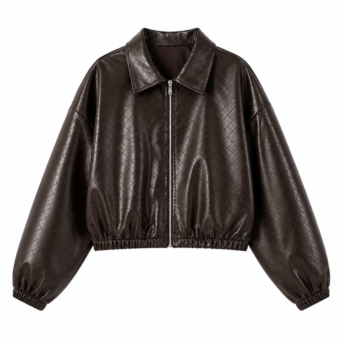VÊ-O Casaco Feminino Efeito Pele com Padrão Matelassé em Losangos, Gola Clássica, Fecho de Correr, Corte Solto, Casaco Casual para Outono e Inverno