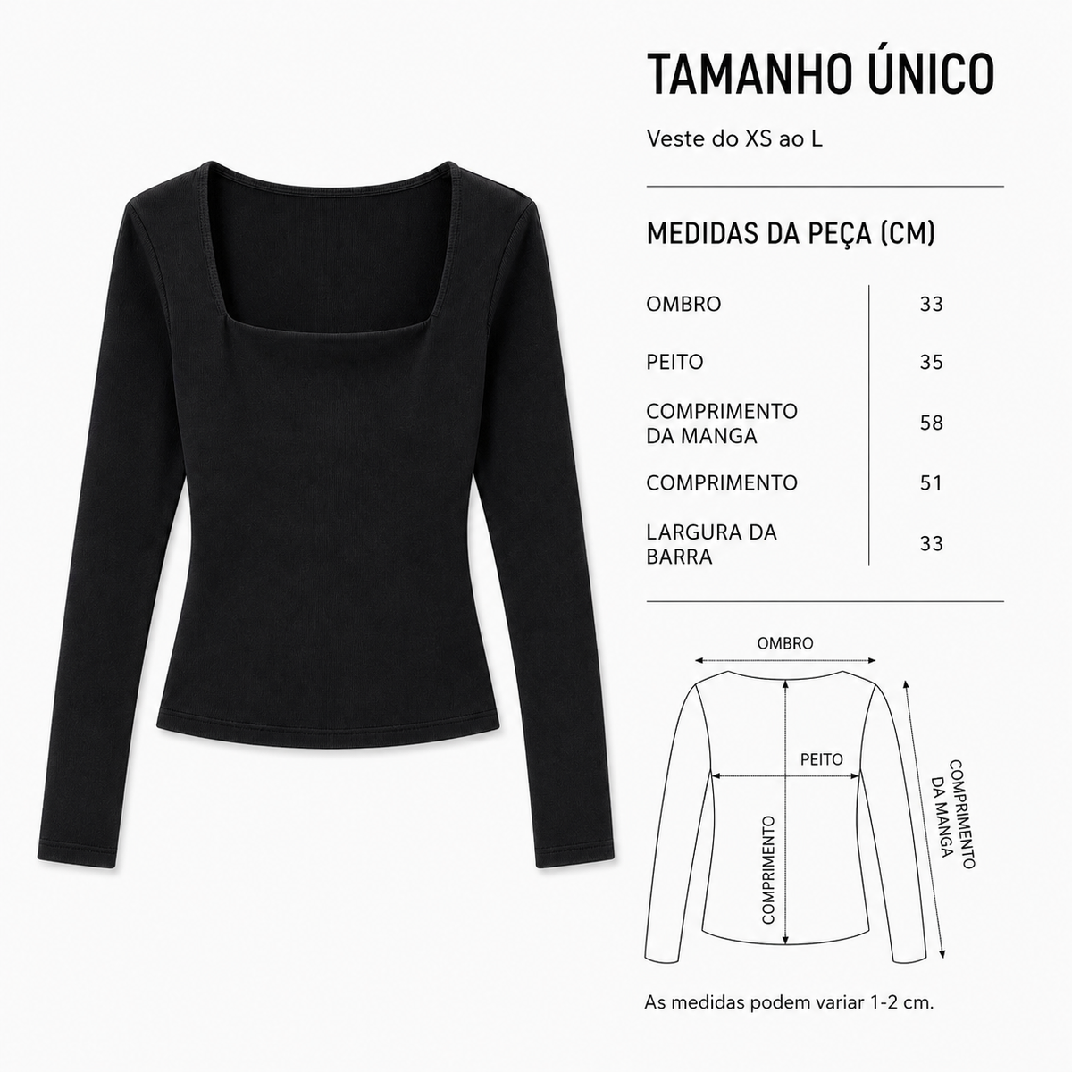 VÊ-O CLASSICS | Top mulher em malha ajustada com decote quadrado e manga comprida, versátil para o dia a dia