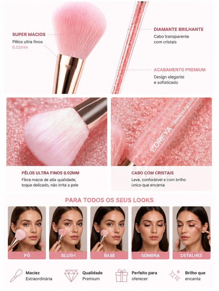 Conjunto de Pincéis de Maquilhagem Rosa com Cristais – para Blush, Sombras e Base + Bolsa de Arrumação