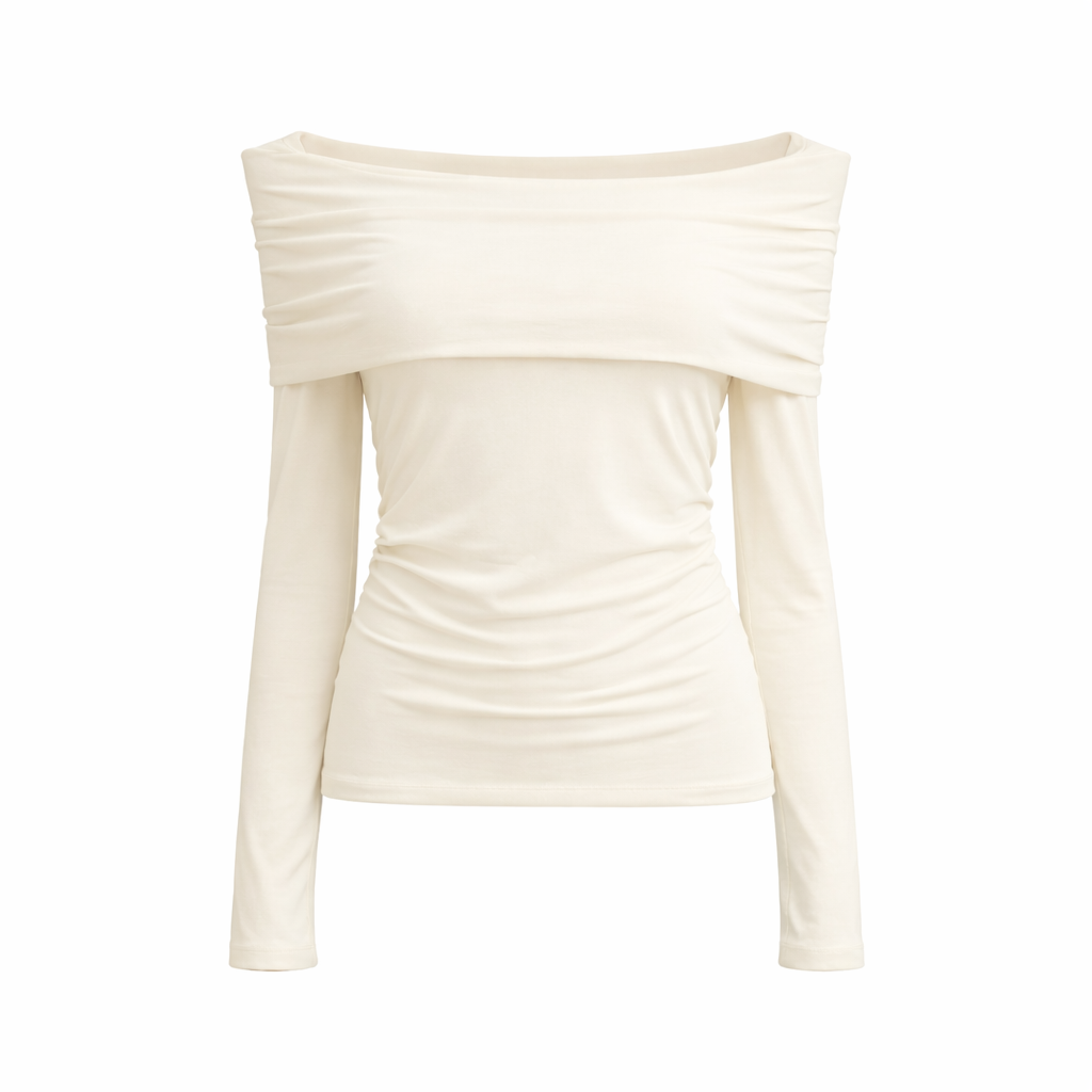 Blusa plissada de manga comprida com decote ombro a ombro.