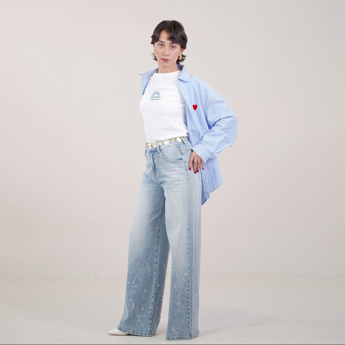 Camisa clássica às riscas Vê-o Dailly com detalhe de coração
