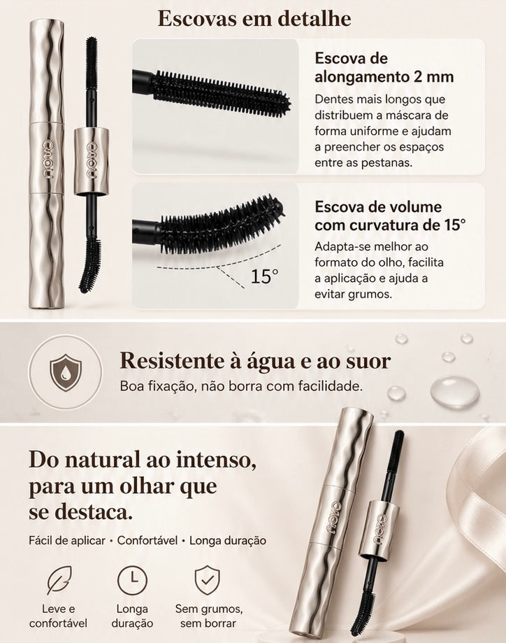 Máscara de Pestanas Dupla à Prova de Água | Alongamento, Volume e Longa Duração