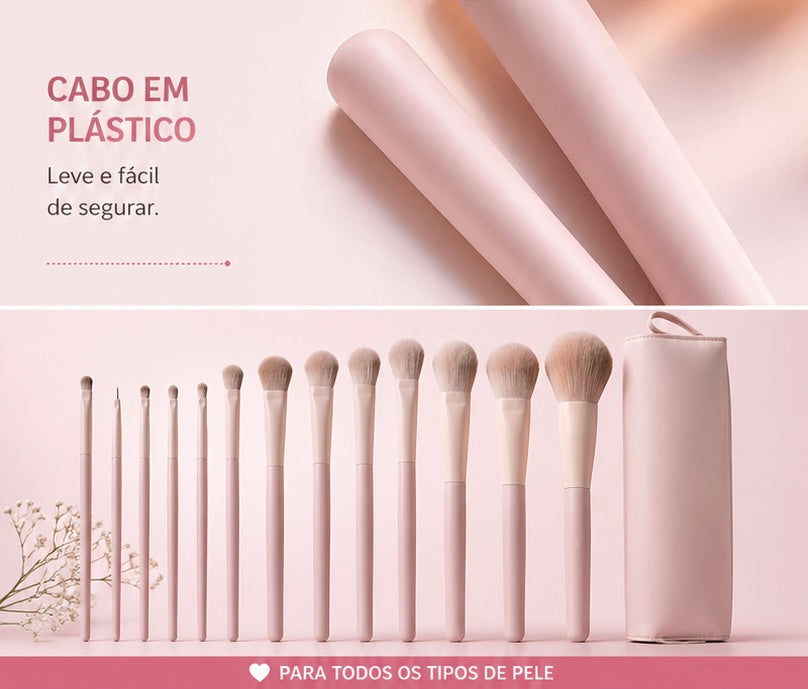 Conjunto de 13 Pincéis de Maquilhagem Rosa Pêssego – Cerdas Suaves para Base, Blush, Contorno, Corretor e Sombras