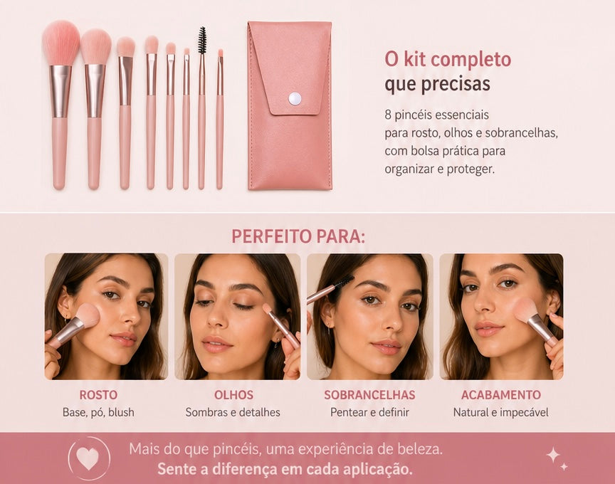 Conjunto de 8 Pincéis de Maquilhagem Portátil – para Sombras, Pó Solto e Retoques