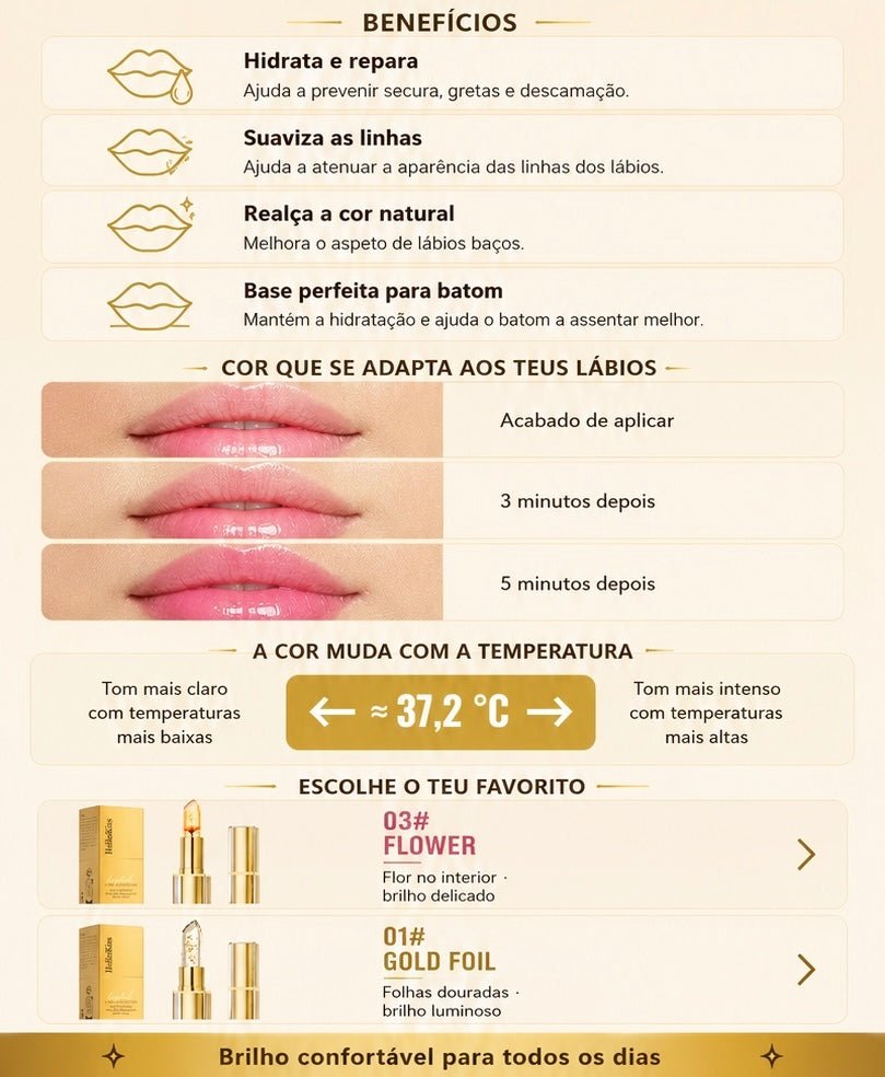 Bálsamo Labial com Folha Dourada | Cor Adaptável, Hidratante e Luminoso