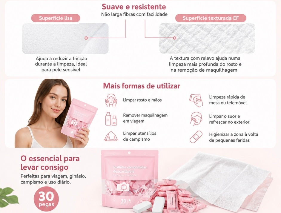 Toalhas Comprimidas Descartáveis – 30 Unidades em Embalagem Individual