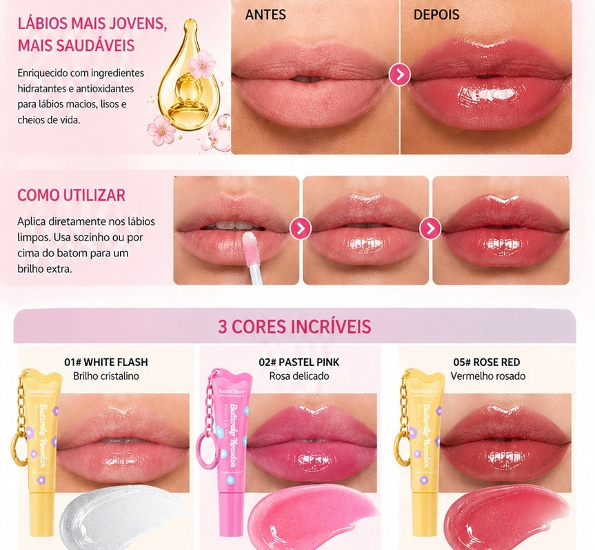 Óleo Labial com Cor e Brilho Espelhado – Hidratante, Suave e com Porta-Chaves