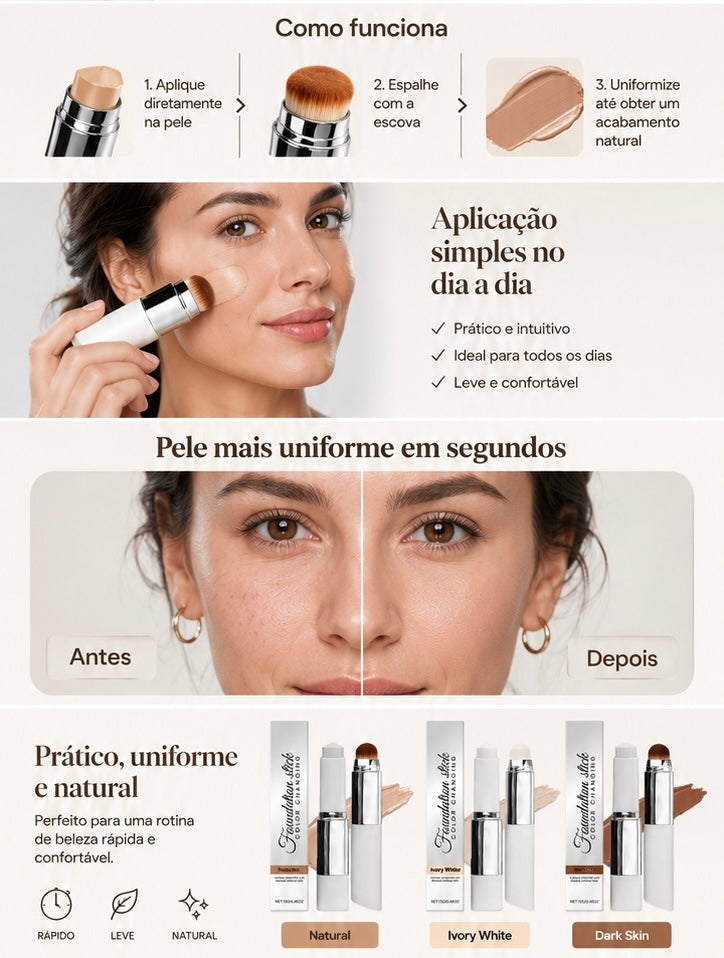 Base em Stick Dupla com Pincel | Leve, Natural e Confortável na Pele