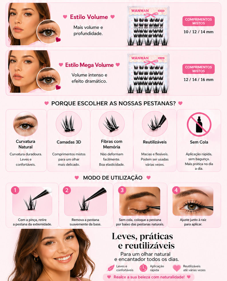 Pestanas Postiças Foxy Eyes 6 Fileiras Volume Intenso Segmentadas Natural Reutilizáveis