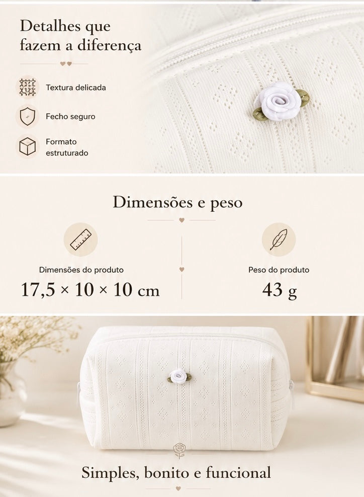 Bolsa de Maquilhagem com Rosa | Grande Capacidade e Fácil de Levar