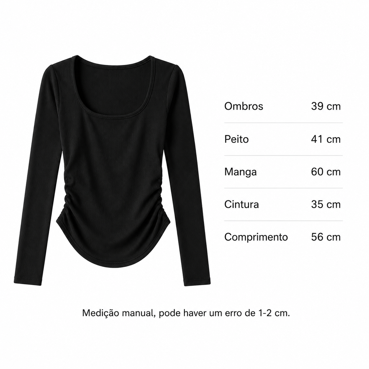 VEO Blusa Feminina Canelada Manga Comprida Decote Quadrado Franzido Ajustado Elástico Casual Confortável Elegante Básico Moda Mulher
