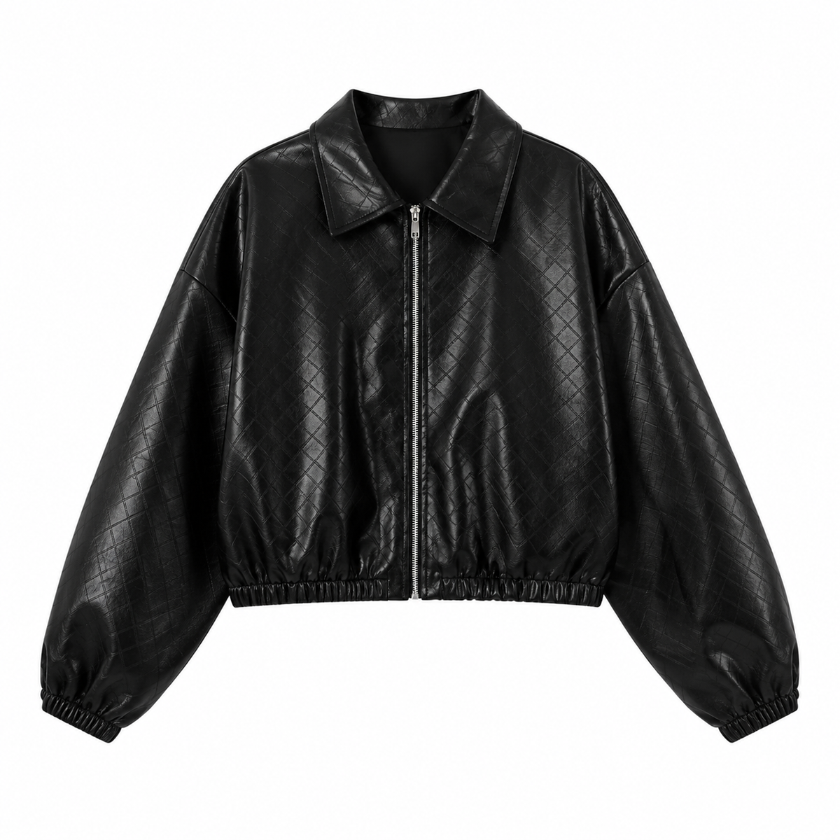 VÊ-O Casaco Feminino Efeito Pele com Padrão Matelassé em Losangos, Gola Clássica, Fecho de Correr, Corte Solto, Casaco Casual para Outono e Inverno