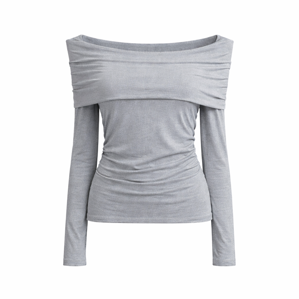 Blusa plissada de manga comprida com decote ombro a ombro.