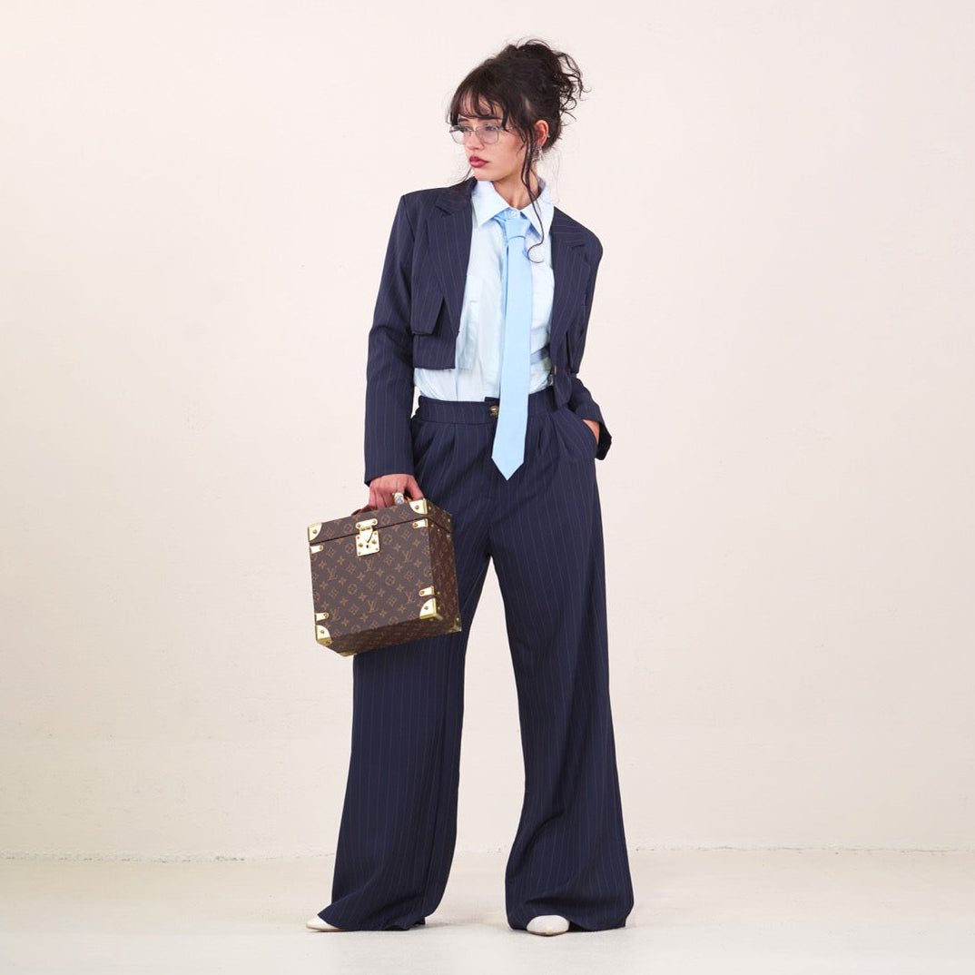 Vê-o Dailly｜Pinstripe Cropped Blazer & Wide-Leg Trousers Set