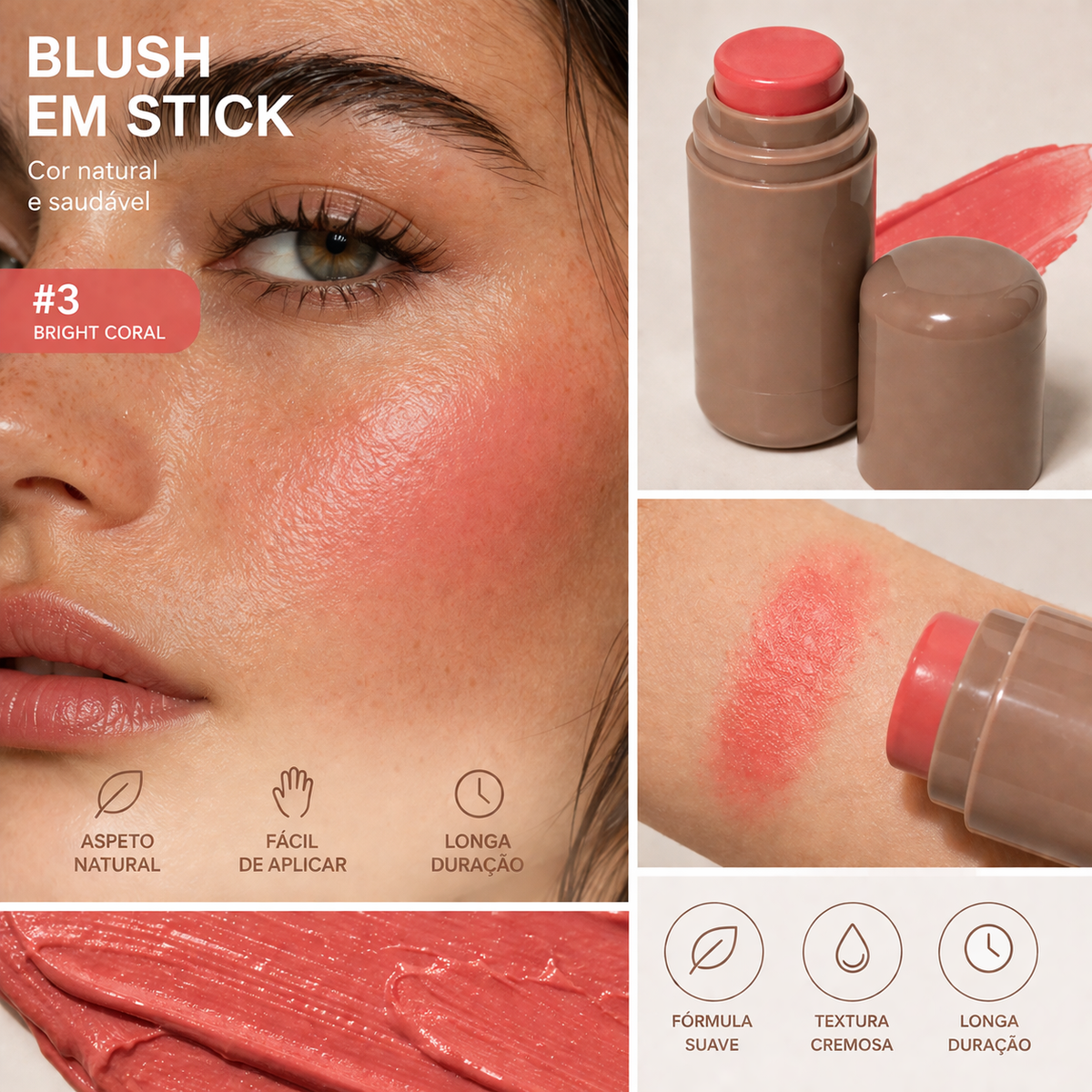 Blush em Stick Cremoso para Lábios e Rosto – Cor Natural, Textura Suave e Fácil de Espalhar