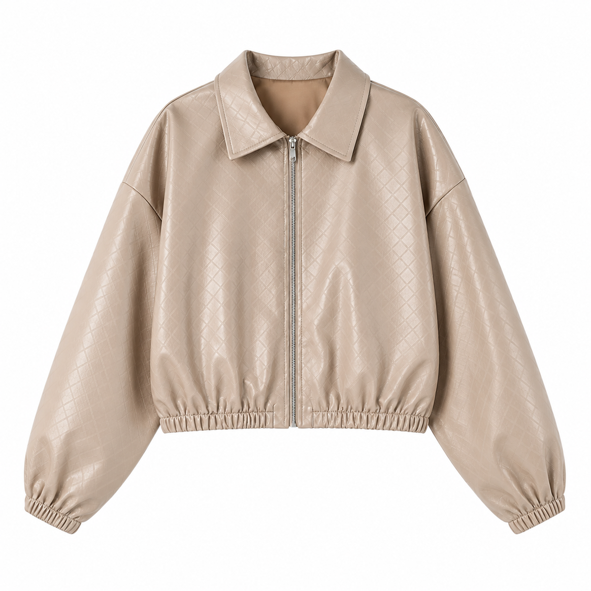 VÊ-O Casaco Feminino Efeito Pele com Padrão Matelassé em Losangos, Gola Clássica, Fecho de Correr, Corte Solto, Casaco Casual para Outono e Inverno