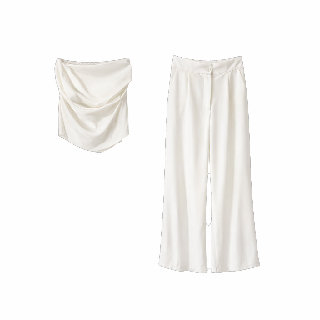 Vê-o Dailly｜Draped Strapless Top & Wide-Leg Pants Set