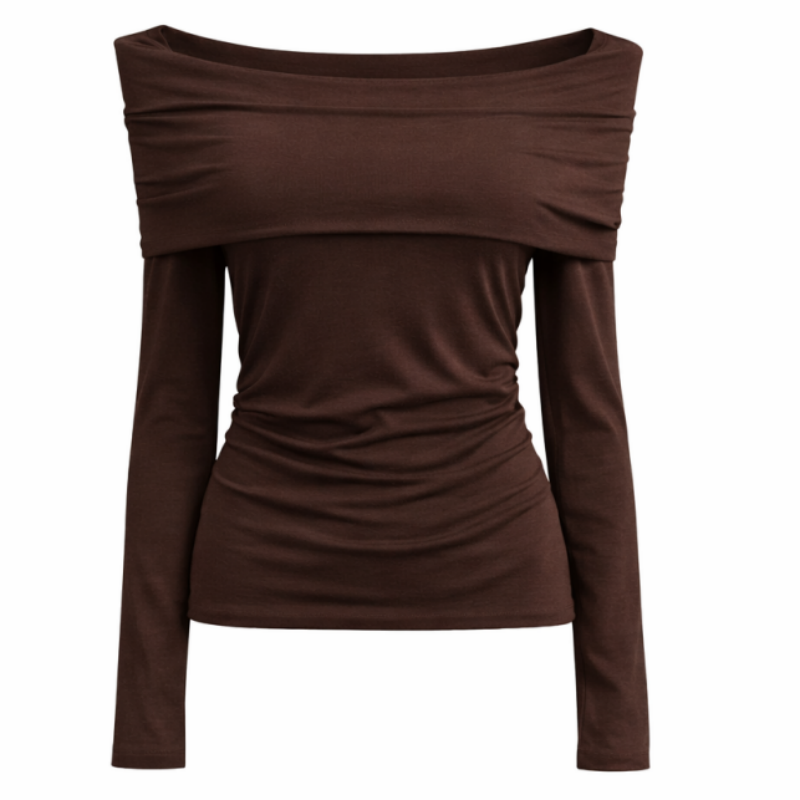 Blusa plissada de manga comprida com decote ombro a ombro.