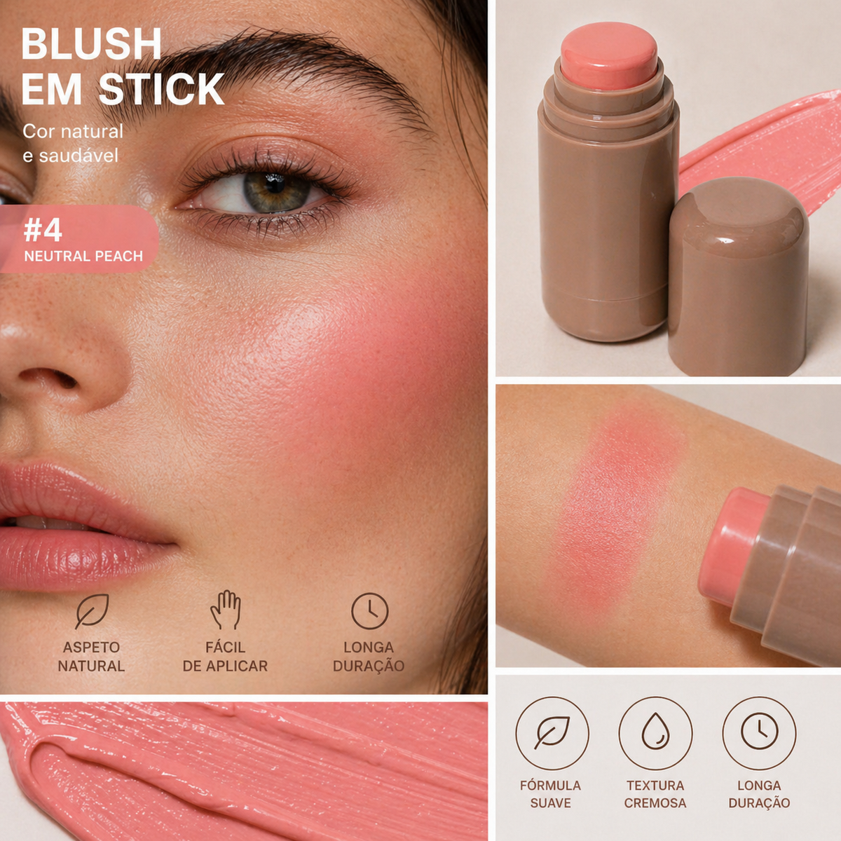 Blush em Stick Cremoso para Lábios e Rosto – Cor Natural, Textura Suave e Fácil de Espalhar