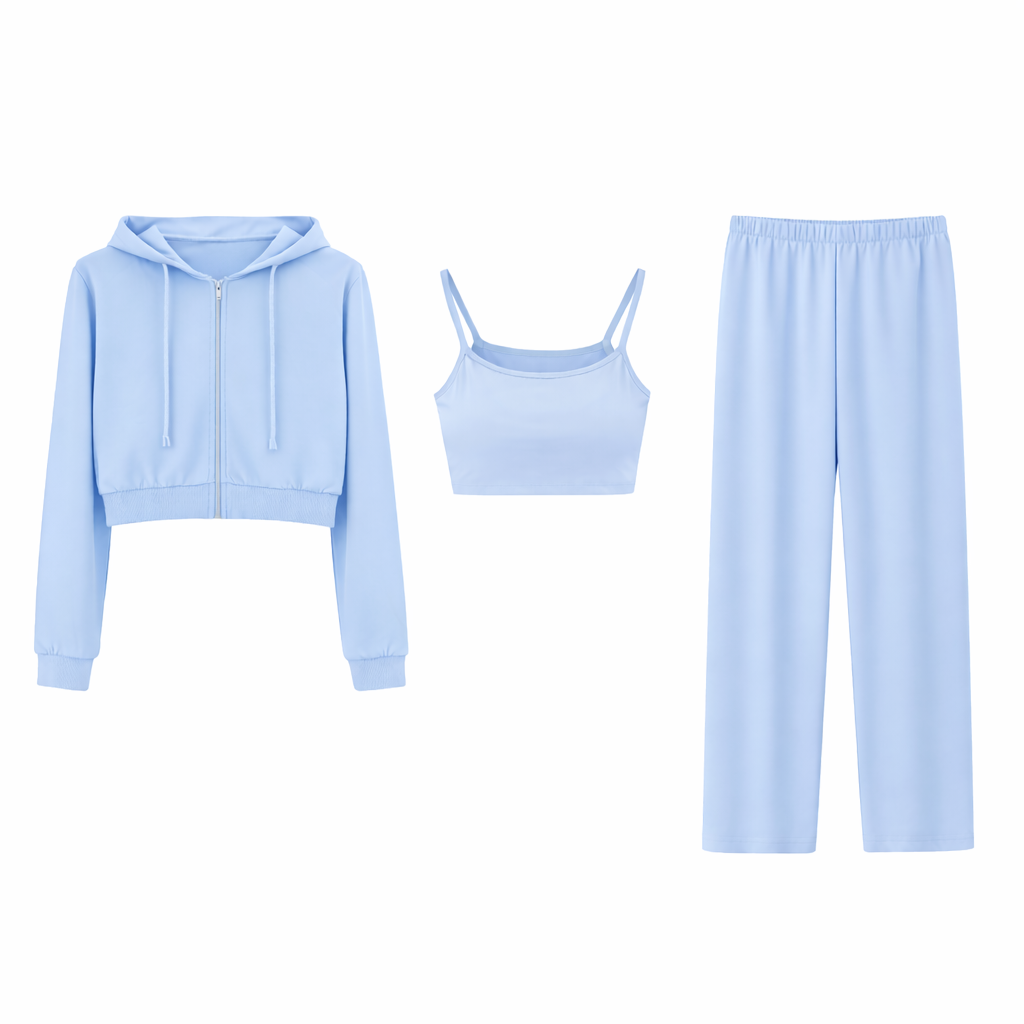 Conjunto de loungewear de três peças Vê-o Well (sweatshirt com capuz, top cropped e calças pantalona)